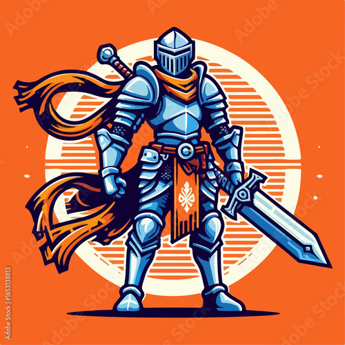 cartoon illustration of medieval knight character on orange background
