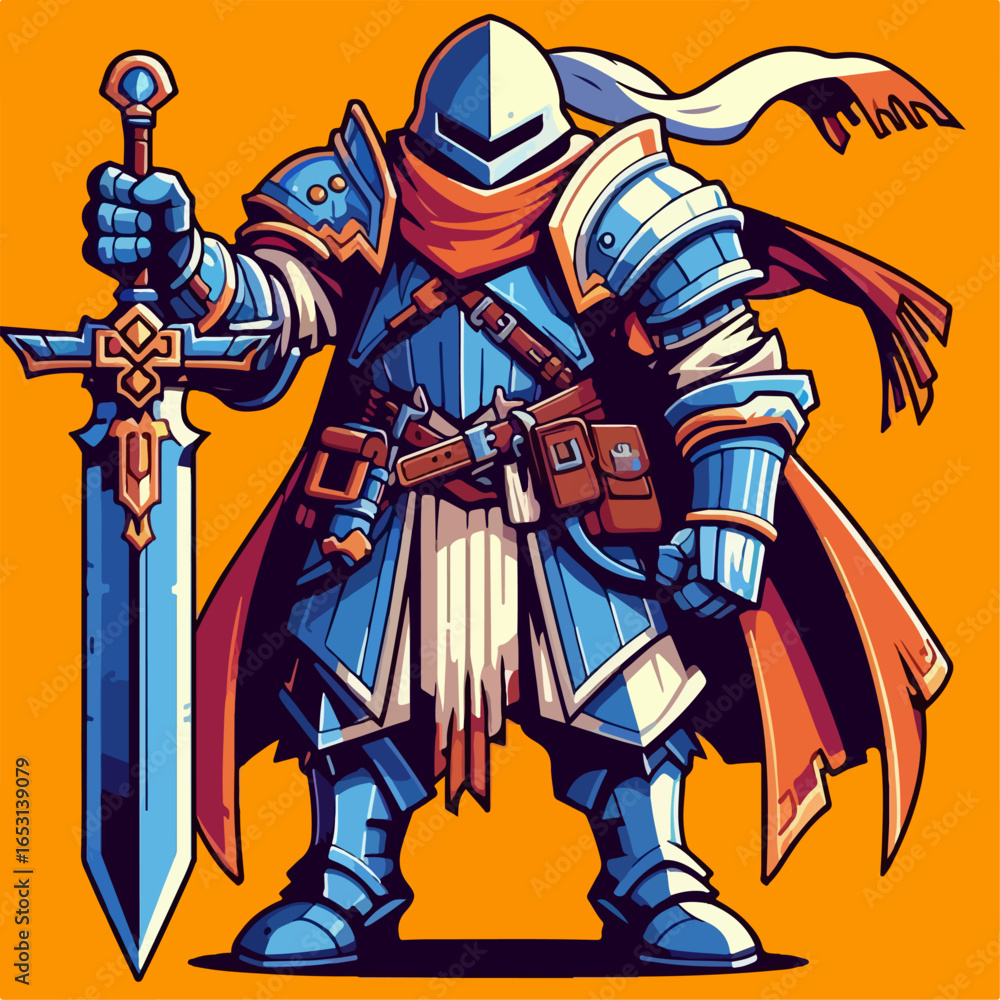 Obraz premium cartoon illustration of medieval knight character on orange background