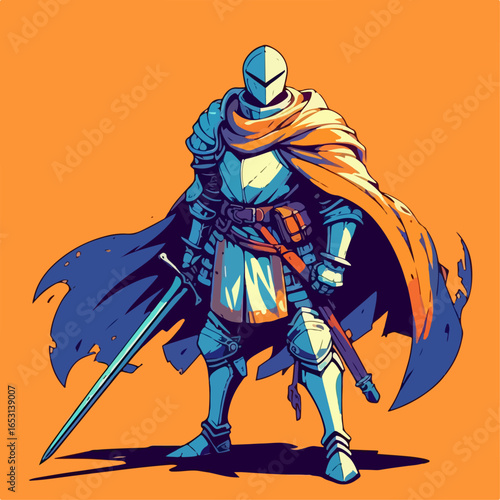 cartoon illustration of medieval knight character on orange background