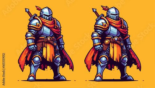 cartoon illustration of medieval knight character on orange background