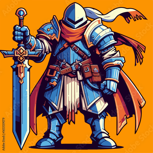 cartoon illustration of medieval knight character on orange background