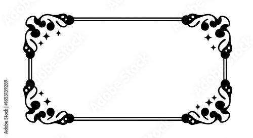 A decorative rectangular frame with ornamental swirls and sparkling corners. This trendy Y2K aesthetic vector graphic is perfect for retro-themed designs, labels, and invitations.