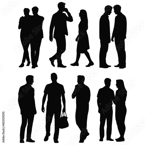 Black silhouettes of multiple people in various poses and interactions arranged horizontally isolated on white background