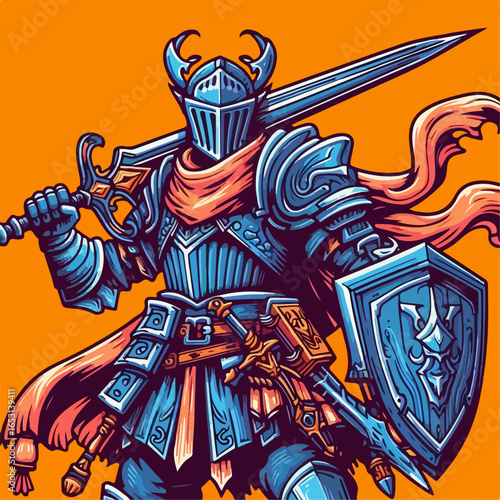 cartoon illustration of medieval knight character on orange background