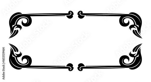 A unique decorative frame in a stylized Art Nouveau or tribal tattoo style. This isolated black vector border features sharp flourishes and swirls, perfect for fantasy themes.
