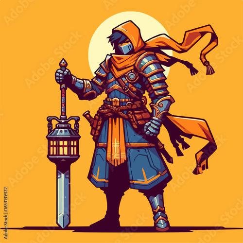 cartoon illustration of medieval knight character on orange background