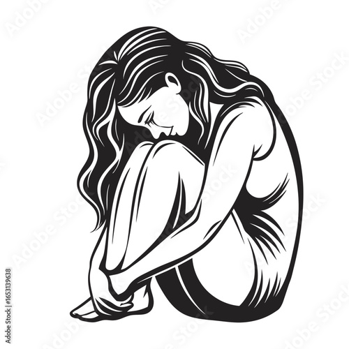 Solitude Crouched Woman with Long Hair on White Background, Minimalism