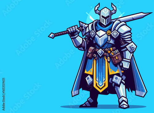 cartoon illustration of medieval knight character on blue background