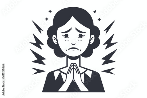 Stressed Woman Working with Sad and Error Thoughts on White Background