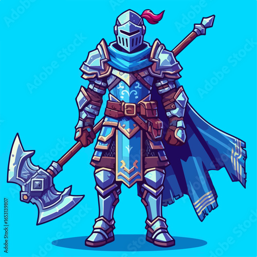 cartoon illustration of medieval knight character on blue background