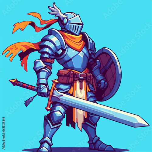 cartoon illustration of medieval knight character on blue background