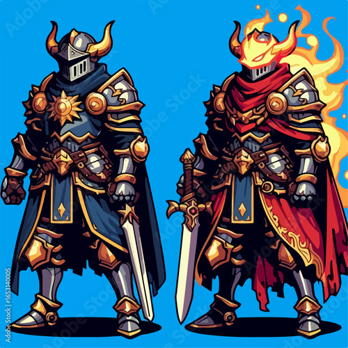 cartoon illustration of medieval knight character on blue background