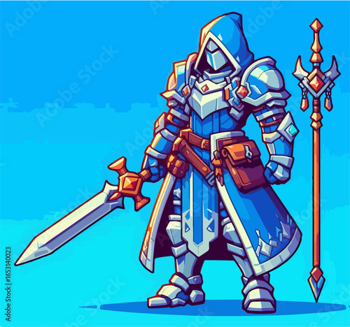 cartoon illustration of medieval knight character on blue background