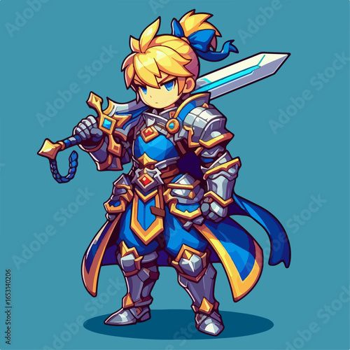 cartoon illustration of medieval knight character on blue background
