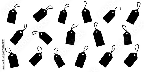 Silhouette Set of Price Tag Icons, including variations such as blank tags, tags with holes, tags with strings, and stylized versions