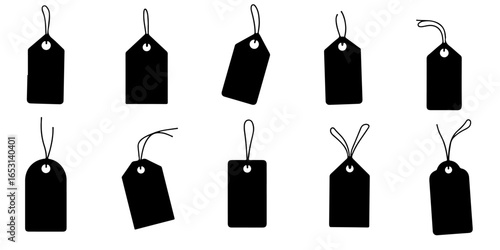 Silhouette Set of Price Tag Icons, including variations such as blank tags, tags with holes, tags with strings, and stylized versions