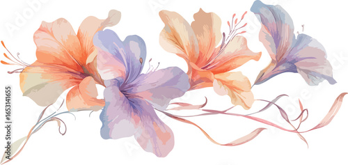 Delicate watercolor painting of soft pink poppies with green stems and buds on a white background