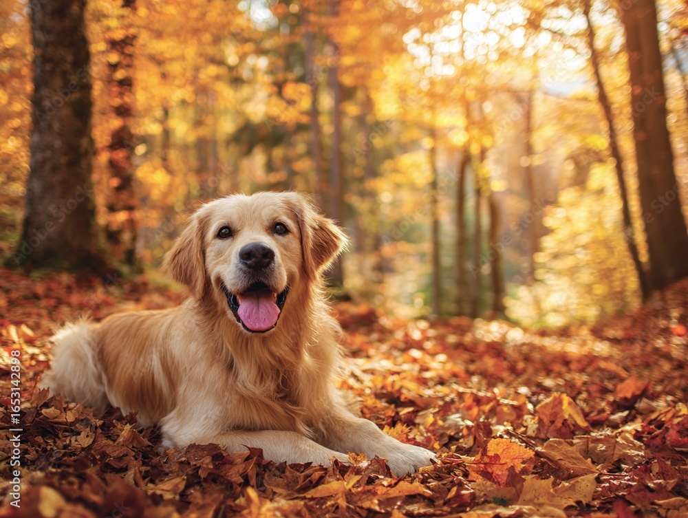 Happy Golden Retriever Dog Lying in a Field of Autumn Leaves Happy Golden Retriever Dog Lying in a Field of Autumn Leaves