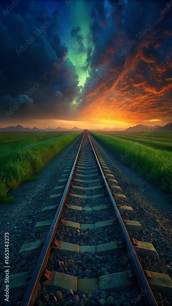 Fototapeta premium Train tracks leading to a dramatic sunset and stormy sky