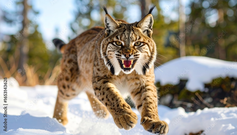 Fototapeta premium Wildcat Ambush: Ferocious Predator Pounces in a Snowy Winter Forest Setting