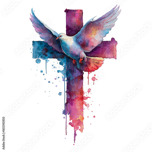 Watercolor painting of a dove flying in front of a colorful cross isolated on transparent background