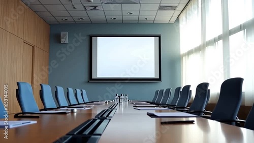 Empty Conference Room with Projector Screen and Chairs