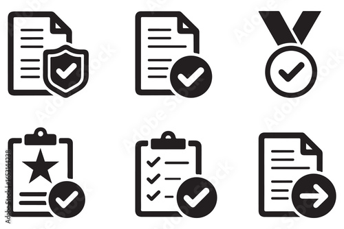Checklist Document Icon Set – Verified File, Approved Report, Certified Badge, Completed Task Symbol