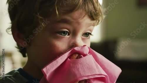 Boy blows nose tissue indoors