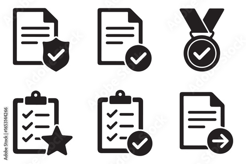 Checklist Document Icon Set – Verified File, Approved Report, Certified Badge, Completed Task Symbol
