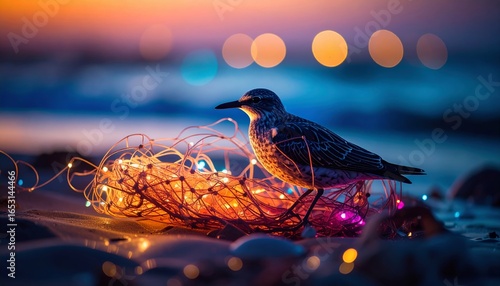Abstract Avian Ensnared, A Bird's Struggle with Plastic Pollution on a Beach