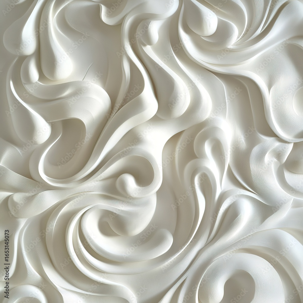 Fototapeta premium A white carved relief wall, with fluid shapes and swirling organic patterns. Smooth, flowing curves and delicate details create a hyper-realistic effect.