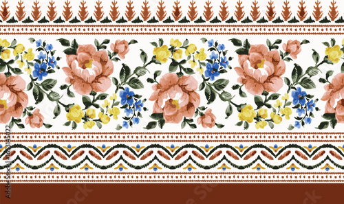 ethnic seamless pattern floral border design. paisley seamless flower border. watercolor flower art for saree border. botanical flower vector illustration.