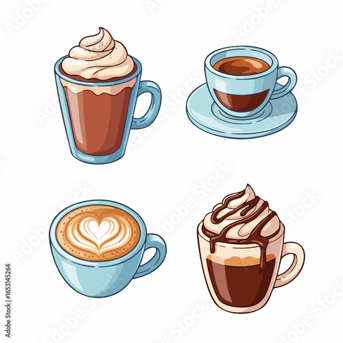 Vector SVG Illustration Set of Coffee Beverages with Whipped Topping and Latte Art in Modern Flat Style for Digital Design