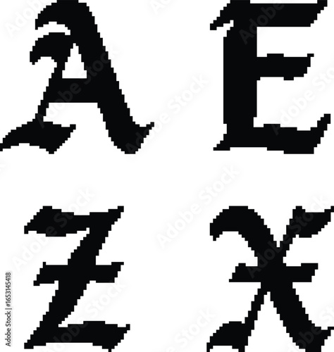 Gothic alphabet letters a e z x isolated on white background