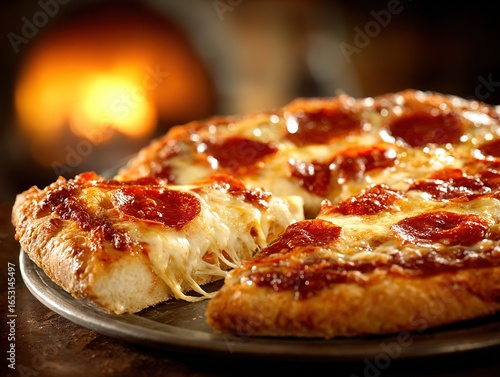 Wallpaper Mural Pepperoni pizza with melted cheese and golden crust, one slice pulled to reveal gooey texture, served hot from rustic wood-fired oven in background Torontodigital.ca