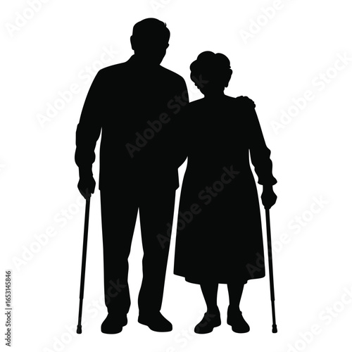 Silhouette of elderly couple standing close together with walking sticks isolated on white background vector illustration