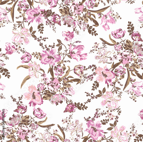 Seamless vector pattern with floral motif. hand drawn pink botanical small flower arrangements. vintage watercolor flower arrangements. repeat pattern. design for fabric, fashion print, textile.