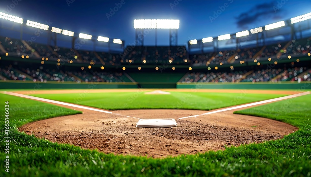Fototapeta premium Baseball stadium at night, filled with spectators