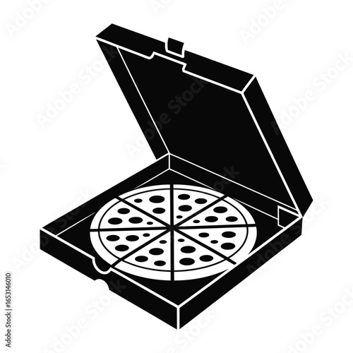 Silhouette of pizza in open delivery box with visible slice outlines isolated on white background vector illustration