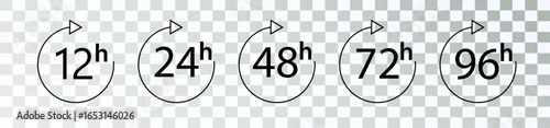 Hour icon 12, 24, 48 and 72 hours clock arrow. Fast service Work time effect or delivery service time icons 24 hours sign. Vector