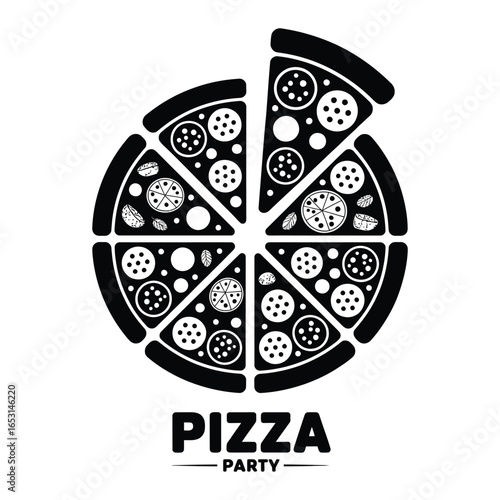 Silhouette of pizza party with multiple slices arranged in a circle isolated on white background vector illustration