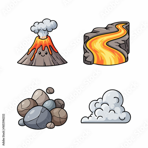 Flat Vector SVG Icon Set Featuring Volcano Lava Mountain Rocks and Smoke in Modern Cartoon Style for Web and Digital Design