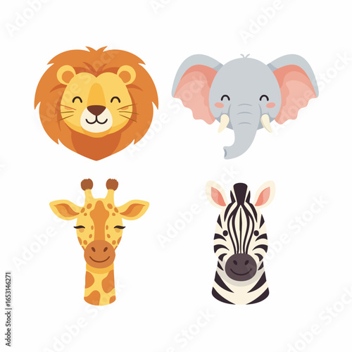 Cute Animal Vector SVG Illustration Set with Cartoon Style Giraffe Lion Elephant Zebra