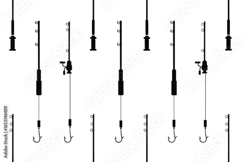 Fishing hooks on fishing lines underwater graphic background. Wallpaper with catching fish. Vector illustration