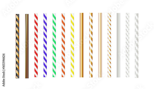 Realistic paper straw mock up template on isolated white background. Flexible bar liquid sucking accessories. Tubes for juice or soda. Vector
