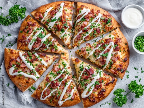 Loaded pizza topped with bacon, melted cheese, fresh herbs, and creamy ranch drizzle, sliced into wedges and served with dipping sauces on side