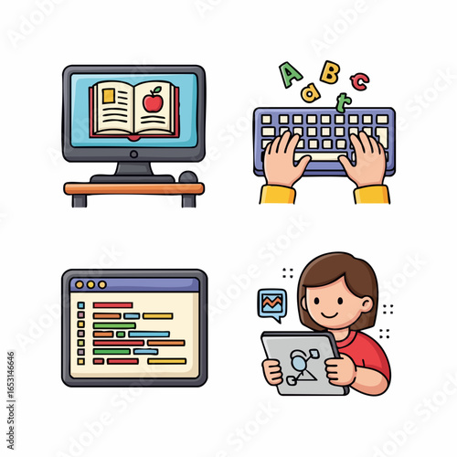 Vector SVG Icon Set of Educational Technology Devices with Flat Design Style and Bright Colors for Learning and Digital Education