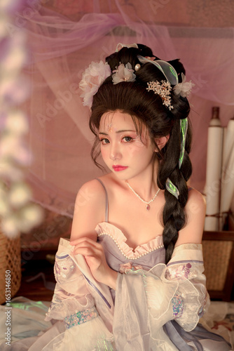Photography A beautiful girl wearing traditional Chinese clothing with flower decorations