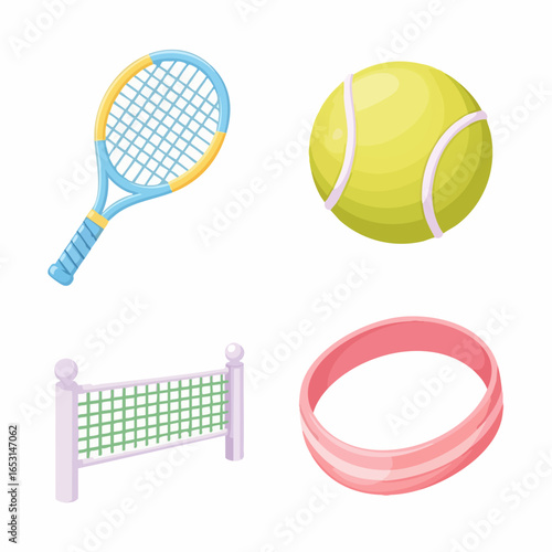 Minimalist Vector SVG Illustration of Tennis Equipment with Flat Design Style in Bright Colors