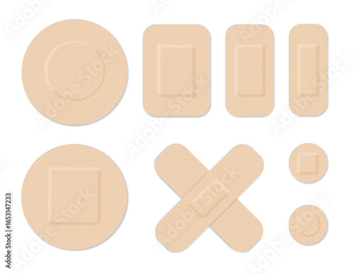 Medical plasters. Bandages set. Adhesive bandage for first aid for wounds operations and skin injuries. Protecting open wound from infection. Vector